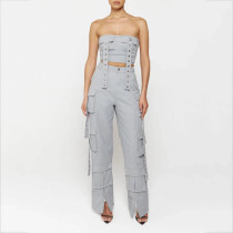 Two piece set of straight tube streamer overalls with multiple pockets Two piece set of straight tube streamer overalls with multiple pockets
