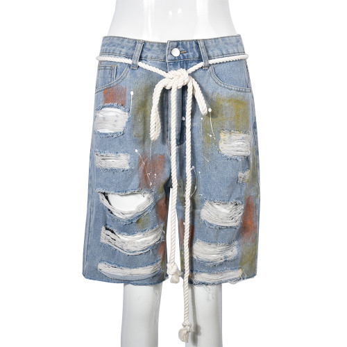 Women's high waisted washed personalized tassel short hot pants