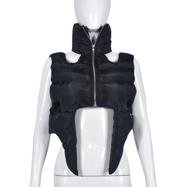 Punk style cotton shirt stand neck zipper sleeveless cotton filled short jacket