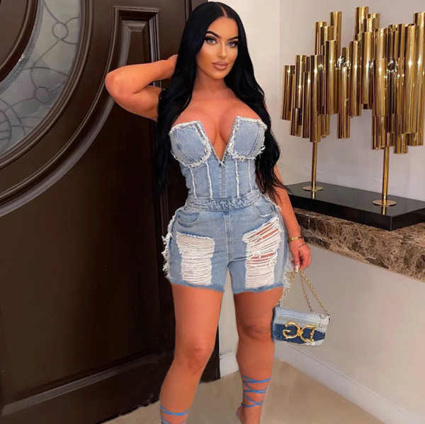 Sexy hollow and torn zipper short chest wrapped denim jumpsuit