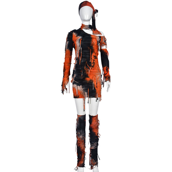 Sexy Long Sleeve Tie Dyed Hollow Open Back Pullover Tassel Headband Dress Set