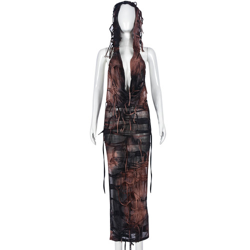 V-pile collar personalized beggar tassel split hood long dress