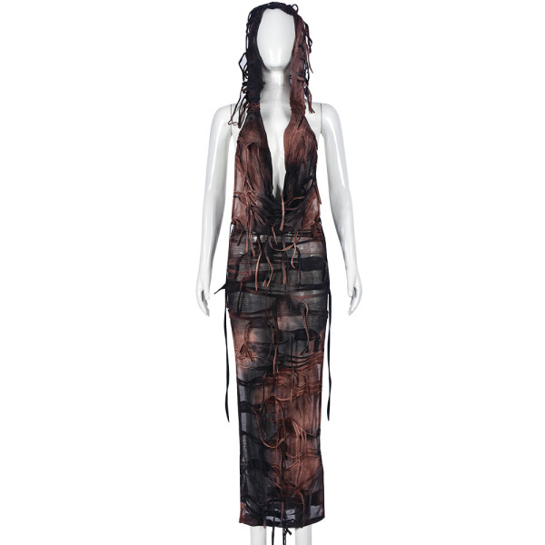 V-pile collar personalized beggar tassel split hood long dress