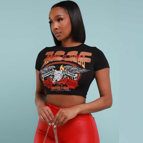Women's T-shirt Summer round neck exposed navel glue hole short sleeved top