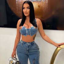 Wrapped chest strap with diamond bra denim women's top Wrapped chest strap with diamond bra denim women's top