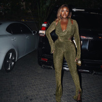 Women's long pants, open waist, long sleeves, golden silk, sexy two-piece set Women's long pants, open waist, long sleeves, golden silk, sexy two-piece set