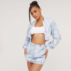 Tie dyed long sleeved sweater elastic short skirt micro elastic two-piece set