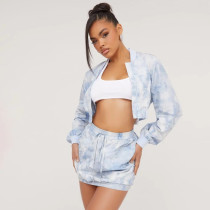 Tie dyed long sleeved sweater elastic short skirt micro elastic two-piece set Tie dyed long sleeved sweater elastic short skirt micro elastic two-piece set