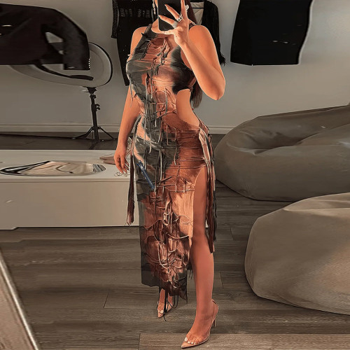 Personalized Beggar Tassel Split Round Neck Cutout Sexy Long Dress