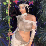 Tassel Hole Breaking Contrast Color Sexy Naked Tie Dye Set