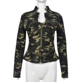 Camo Pocket Zipper Outdoor Wash Long Sleeve Standing Collar Coat