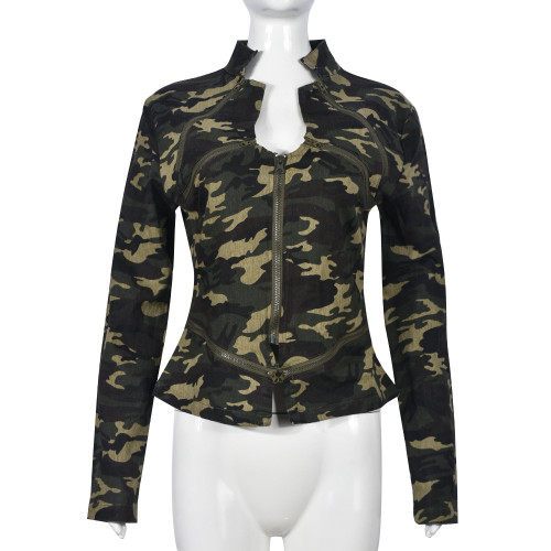 Camo Pocket Zipper Outdoor Wash Long Sleeve Standing Collar Coat