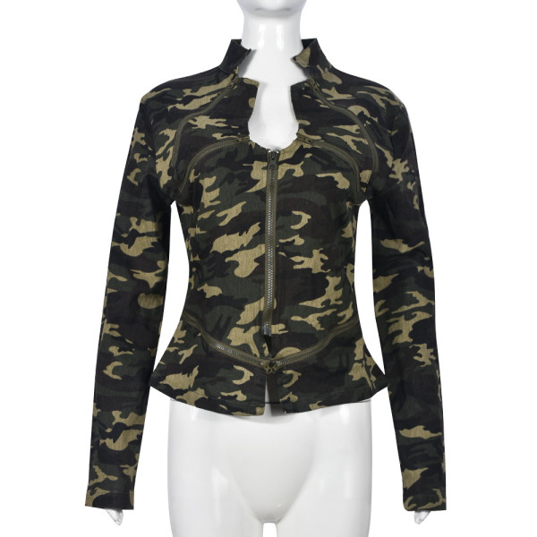 Camo Pocket Zipper Outdoor Wash Long Sleeve Standing Collar Coat