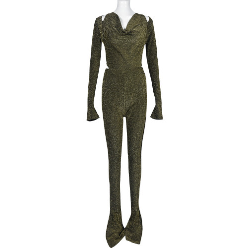 Women's long pants, open waist, long sleeves, golden silk, sexy two-piece set