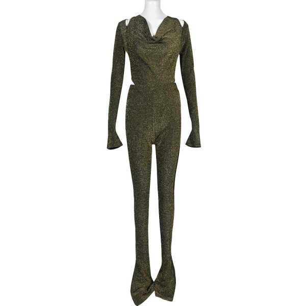 Women's long pants, open waist, long sleeves, golden silk, sexy two-piece set