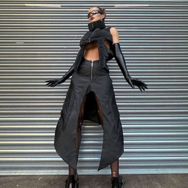Punk style cotton shirt stand neck zipper sleeveless cotton filled short jacket