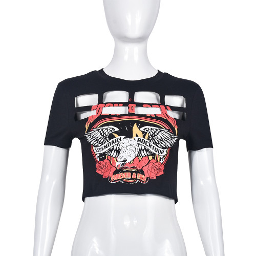 Women's T-shirt Summer round neck exposed navel glue hole short sleeved top