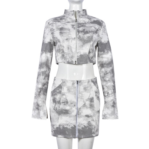 Denim Tie Dye Wash Street Style Coat Short Skirt Set