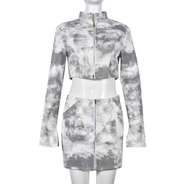 Denim Tie Dye Wash Street Style Coat Short Skirt Set