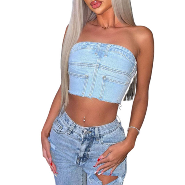 Bra wrap ultra short zipper denim women's top