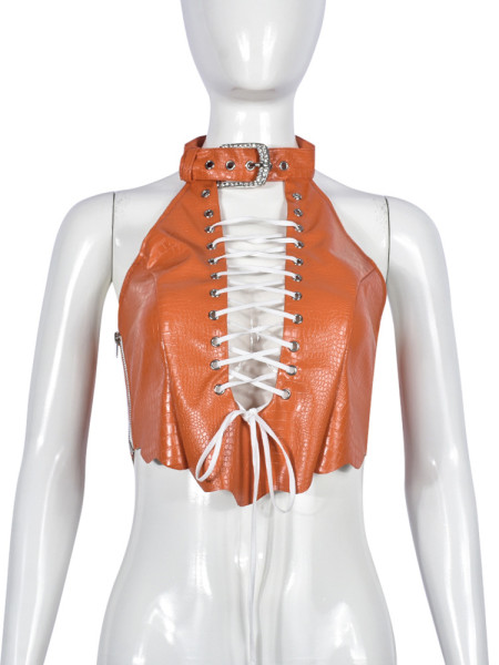 Women's metal buckle with exposed navel and hollow zipper strap sexy leather vest