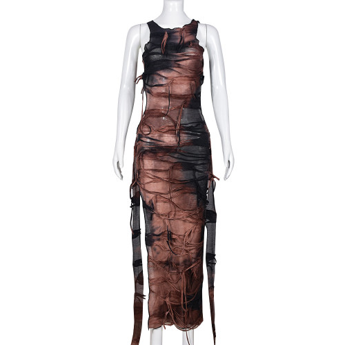 Personalized Beggar Tassel Split Round Neck Cutout Sexy Long Dress