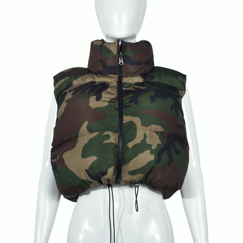 Cotton clip collar zipper sleeveless short cotton jacket