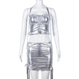 Women's elastic hanging neck wrap chest top short skirt wearing rope two-piece set