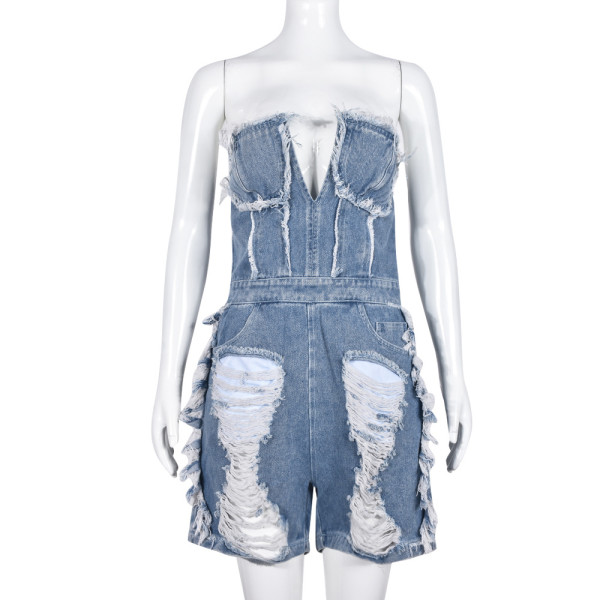 Sexy hollow and torn zipper short chest wrapped denim jumpsuit