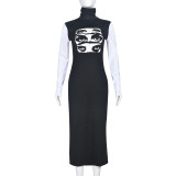 Sexy Long Sleeve Round Neck Pullover Adhesive Eyes Dress for Women