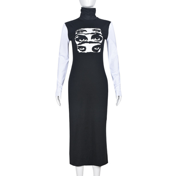 Sexy Long Sleeve Round Neck Pullover Adhesive Eyes Dress for Women