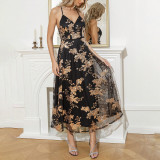 Sexy and Elegant Women's Dress Deep V Embroidered Mesh Sling Long Dress Dress