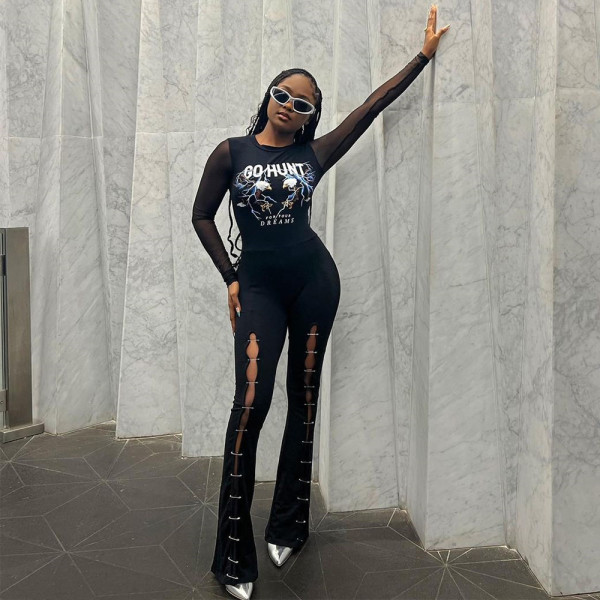 Spliced printed mesh buttoned hole jumpsuit