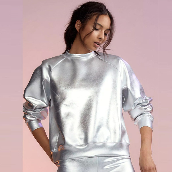 Round neck long sleeved PU leather top leather coat