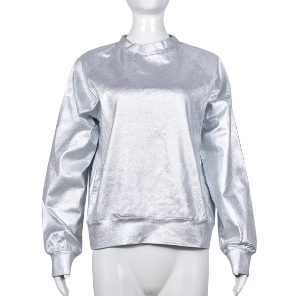 Round neck long sleeved PU leather top leather coat