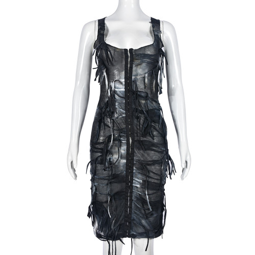 Slim fitting tie dyed sleeveless beggar dress