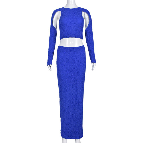 Slim fitting open navel hollowed out long skirt set