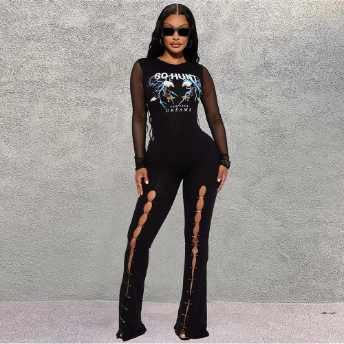 Spliced printed mesh buttoned hole jumpsuit