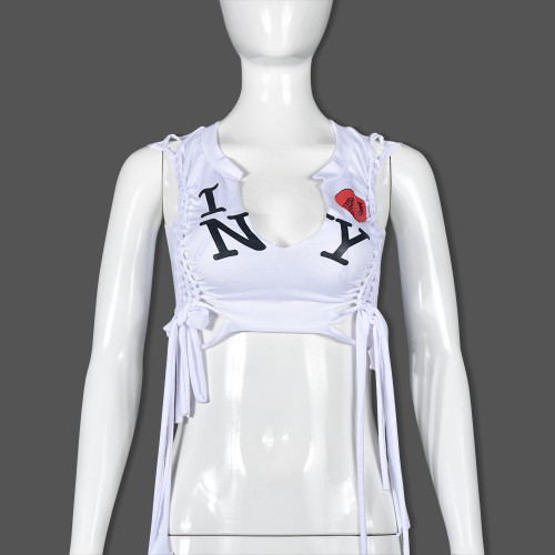 Exposed Umbilical Print Lace up Hole V-Neck Small T-shirt Top