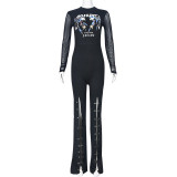Spliced printed mesh buttoned hole jumpsuit