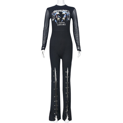 Spliced printed mesh buttoned hole jumpsuit