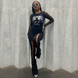 Spliced printed mesh buttoned hole jumpsuit