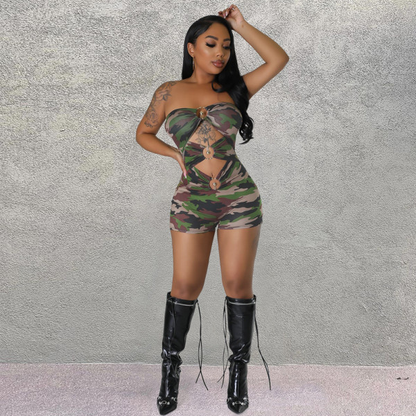 Open back hollowed out printed camouflage jumpsuit