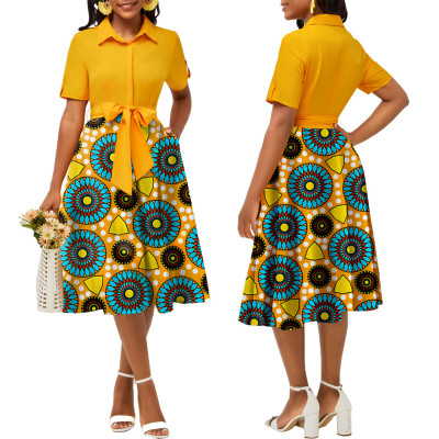 Sexy and fashionable digital printed round neck short sleeved women's dress