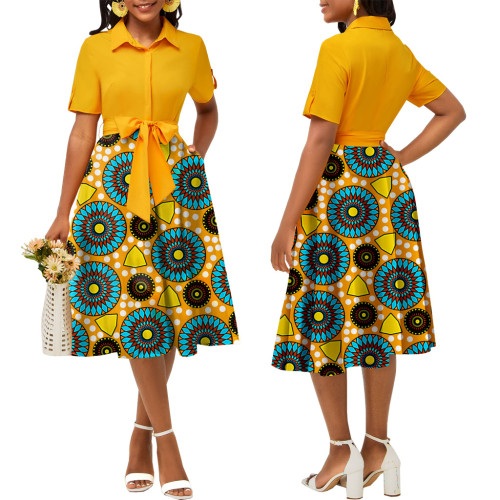 Sexy and fashionable digital printed round neck short sleeved women's dress