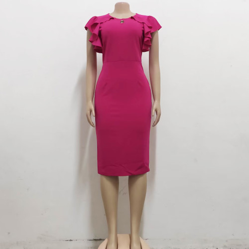 Sexy and fashionable white collar slim fitting solid color short sleeved women's dress