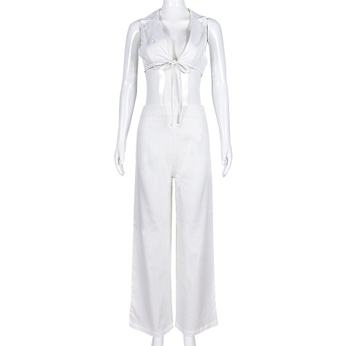 Sexy Slim Fit Lace Up Open Navel Suit Collar Set