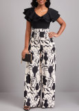 Digital printed short sleeved V-neck women's jumpsuit