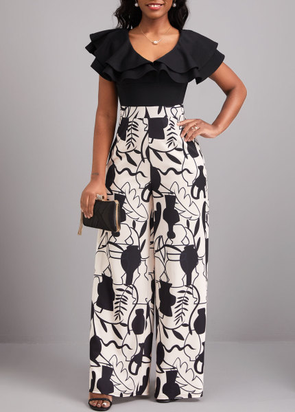 Digital printed short sleeved V-neck women's jumpsuit