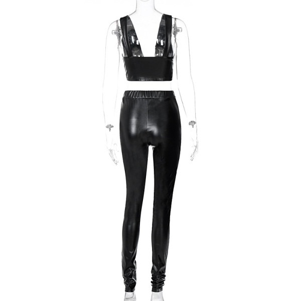 Sexy nightclub style suspender PU fashion casual set
